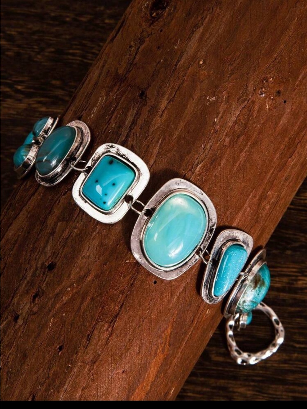 Turquoise Statement Bracelet - Silver-Tone Multicolor Stones - Picture 3 of 6